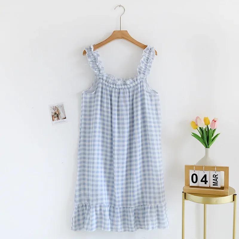Ladies Summertime Cotton Yarn Pure Cotton Thin Suspender Nightdress Loose Mid-length Sweet and Lovely Long-cut Home Dress Camisola Sexy