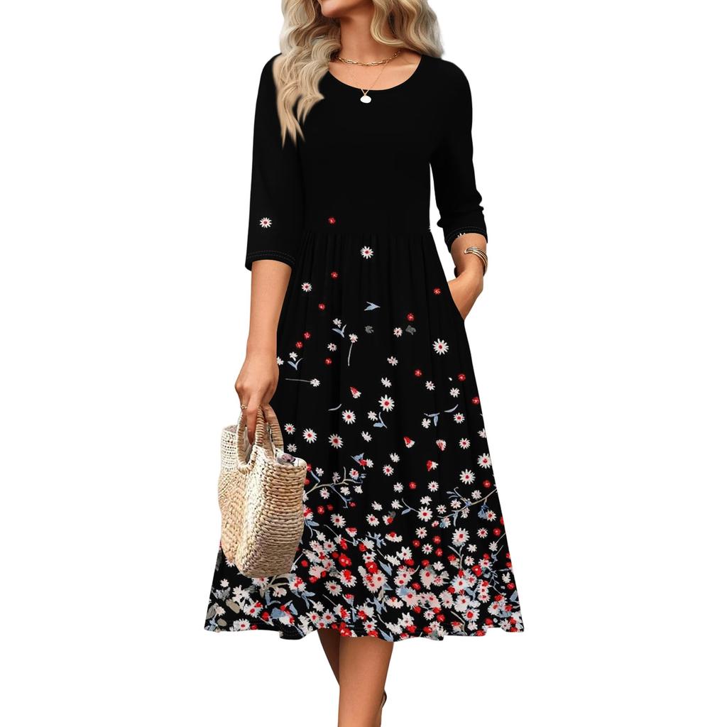 3/4 Sleeve Women's Dress Casual Flowy A-Line Midi Tshirt Dresses With Pockets Crewneck Vocation Boho Beach Sundress