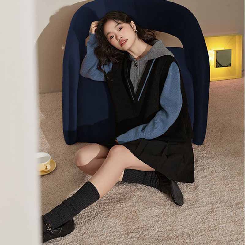 Navy Neck Half Zip Fake Two-piece Color Matching Pullover Women's Autumn and Winter Sweater