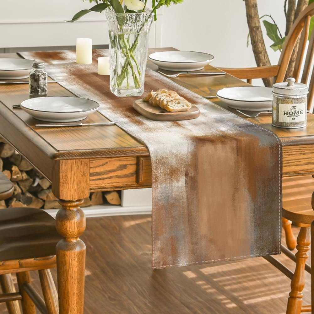 Artoid Mode Brown Abstract Modern Art Table Runner, Seasonal Farmhouse Style Kitchen Dining Table Decoration for Home Party Decor 13x72 Inch