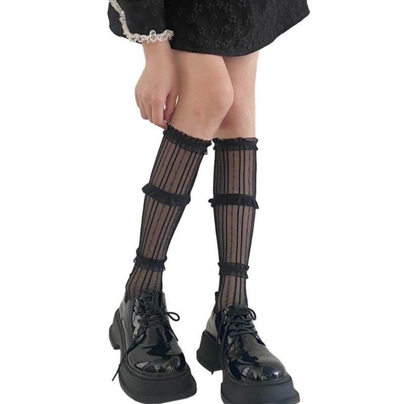 Lace Bunching Socks Womens Japanese Style Ruffle Lace Socks Layered Calf Socks 1 чёрный