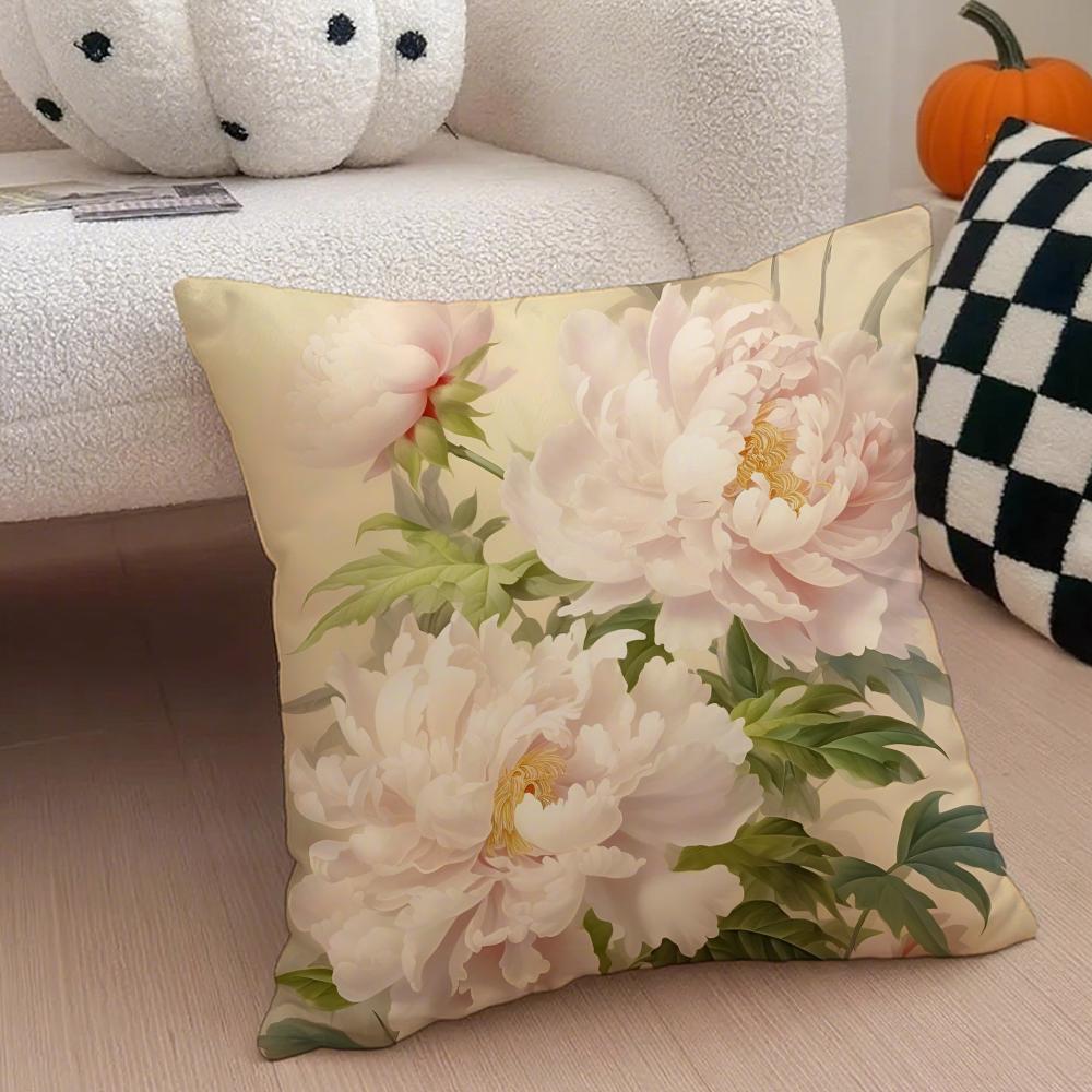 Delicate Peony Pillow Chinese Flower Decor Cushion Cover Throw Pillow Cover Hidden Button Durable Polyester Chair Cushion