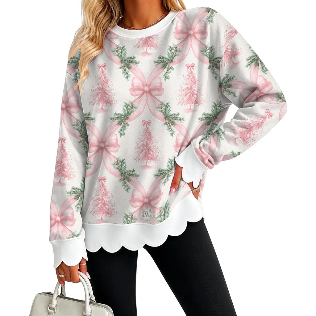 Women's Casual Christmas Print Sweatshirt Top with Scalloped Wavy Hem and Crewneck