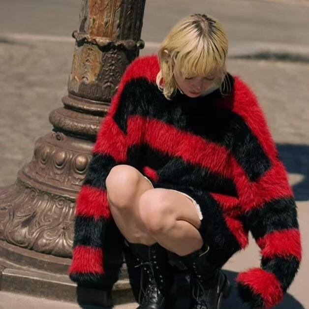 

Мужской зимний свитер из шерсти с красными и черными полосками и морским коньком - Уютный, вязаный, в ленивом стиле, из искусственной норки, идеально подходит для пар Medium красный