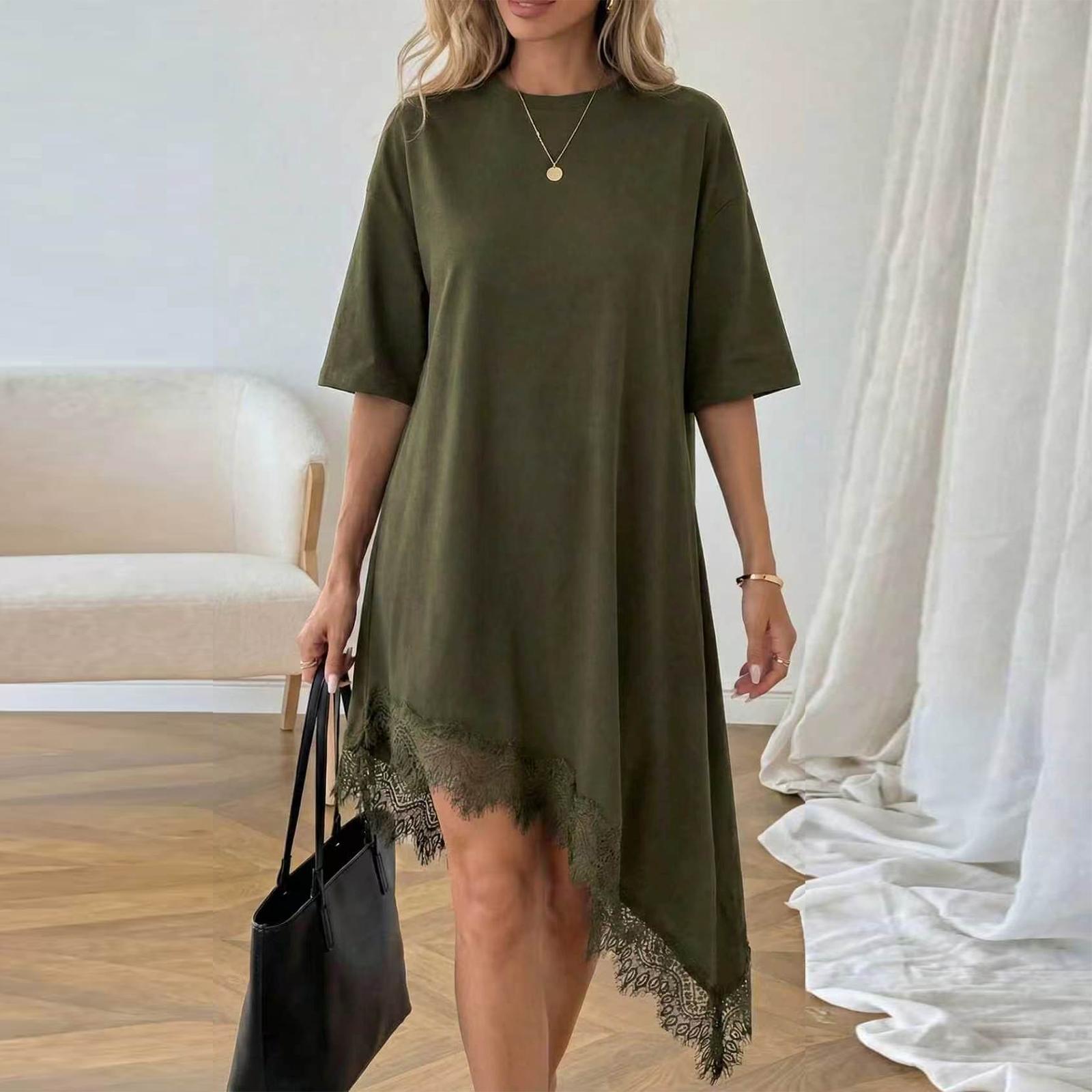 Women Casual Round Neck Lace Trim Short Sleeve Dress Asymmetric Hemline Loose Fit Midi Dress for Daily Wear L армия зеленый