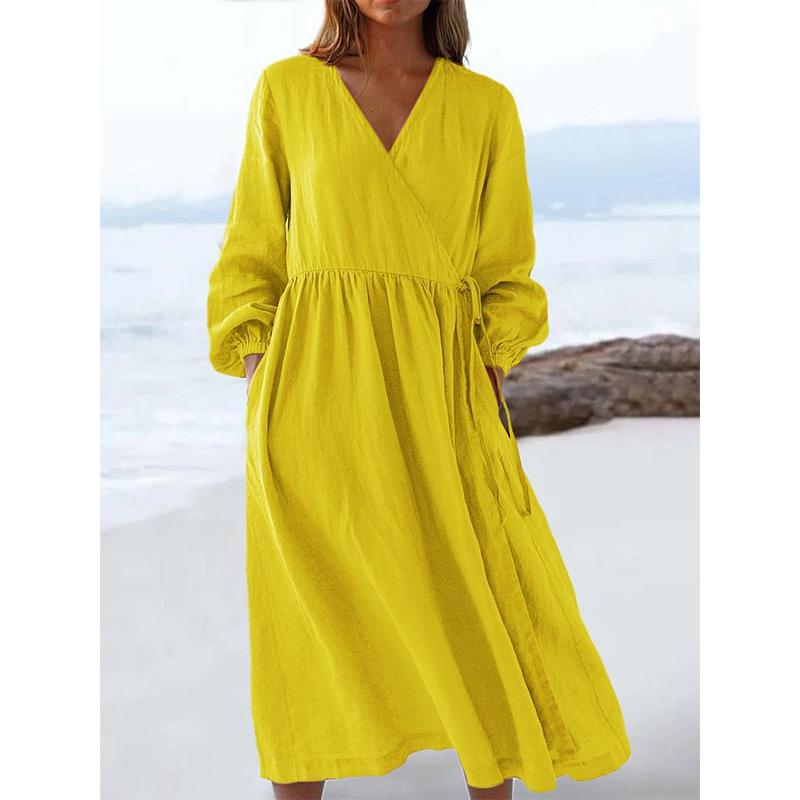 Damska lniana sukienka z wysokim stanem, luźny krój, gładki kolor, prosty styl, letnia sukienka midi