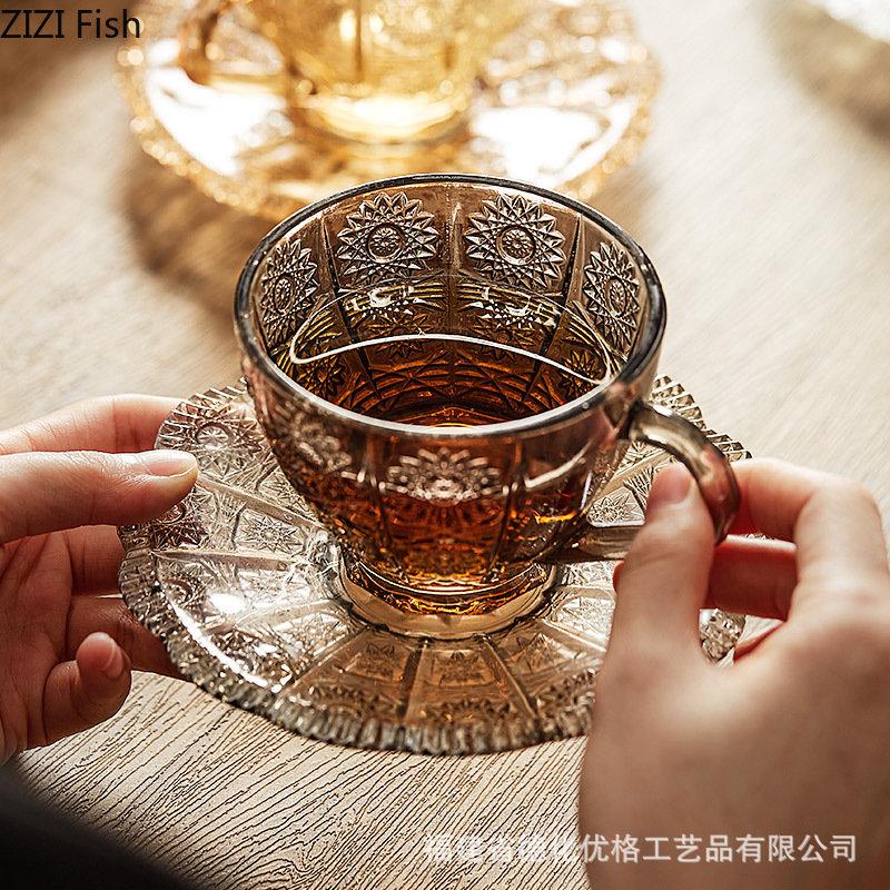 BRRelief Glass Coffee Cup Set Restaurant Afternoon Tea Lovers Coffee Latte Cup Transparent Mug Nordic Household Drinking SetEY