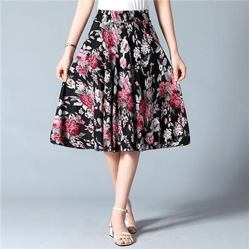 Fuste cu flori de lungime mijlocie de vară cu talie elastică femei lejer casual din șifon din mătase de gheață rochie de plajă pentru femei