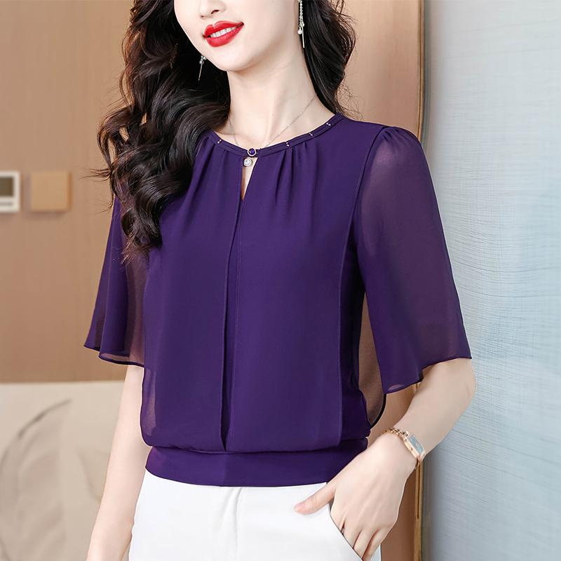 Ropa de Verano Blusa de Gasa de Media Manga Moda Suelta para Mujer Tops de Color Sólido Pulóveres Casuales Camisa