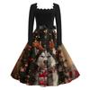 Women's Fashion Retro Long-sleeved Square Collar Christmas Printed Evening Dress
