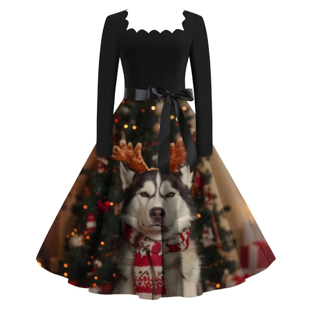 Women's Fashion Retro Long-sleeved Square Collar Christmas Printed Evening Dress