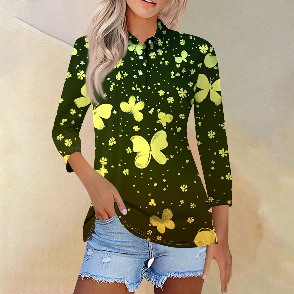 Women's Fashion Casual Lapel 3/4 Sleeve Print Shirt Women's Button Up Tops