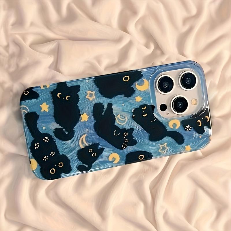 Fashion Star Moon Black Cat Feather Yarn Full Coverage Phone Case, Shockproof & Drop-Proof, Stylish All-Season Protective Case, Ideal Gift