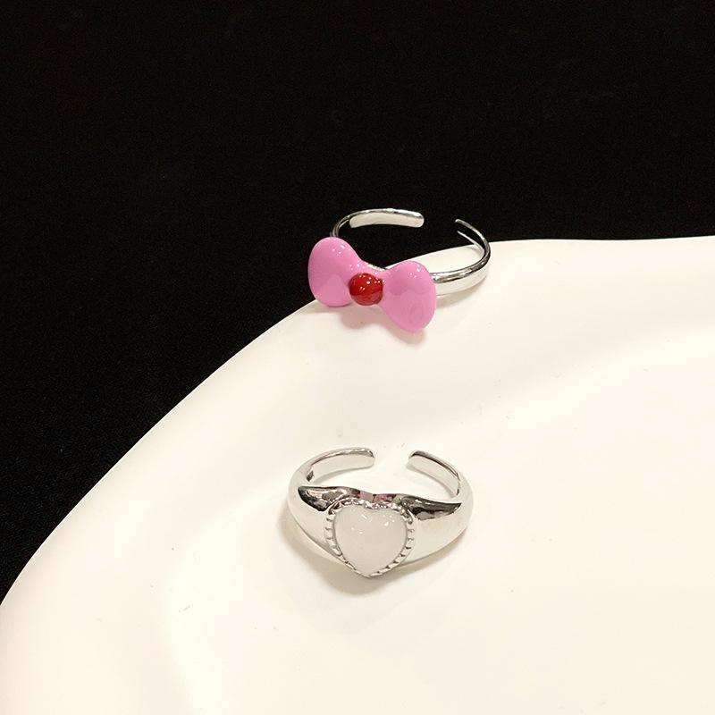 Bow Love Moonstone Open Ring Women'S Niche Design Sense Index Finger Ring Fashion Personality Adjustable Ring