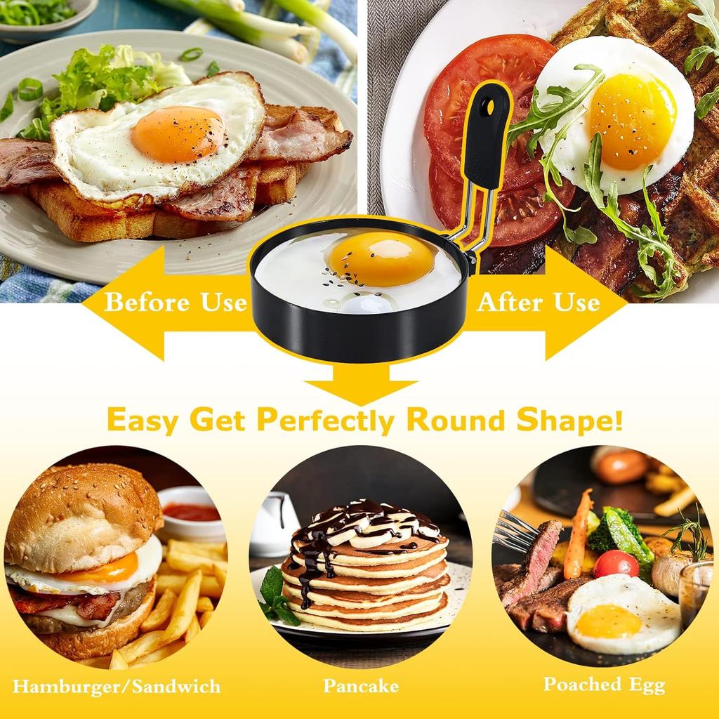 Caltucus Core® Egg Ring Mold, Stainless Steel with Silicone Handle, Nonstick, Black, 3.5 Inch
