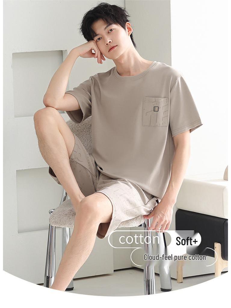 Men's 100% Cotton Short Sleeve Pajama Set - Summer Lightweight, Wearable Outdoors, Ideal for Teens