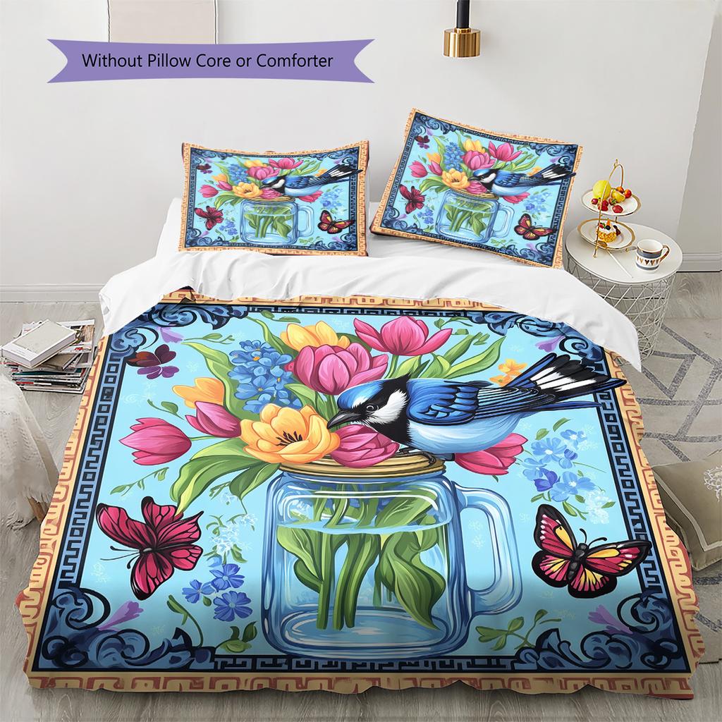 Blue Bird  Pattern Bedding Quilt Set  Home Decoration  Gift (1 * duvet cover + 2 * pillowcase, without core)