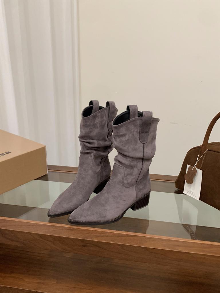 High Heel Pointed Suede Martin Boots Pile Medium Tube Knight Boots Women's Boots 2025 Spring and Autumn V-mouth Skinny Short Boots