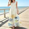 Women Sleeveless U-Neck Maxi Dress,Pastel Watercolor Multicolor Flower Print Flowy Casual Sundress