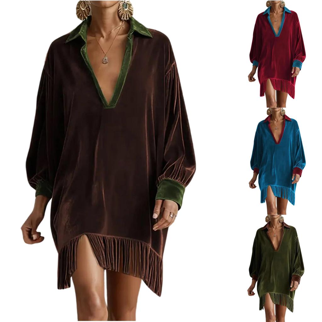 Women's Fashionable Color Blocked V-neck Long Sleeved Retro Loose Pocket Tassel Dress