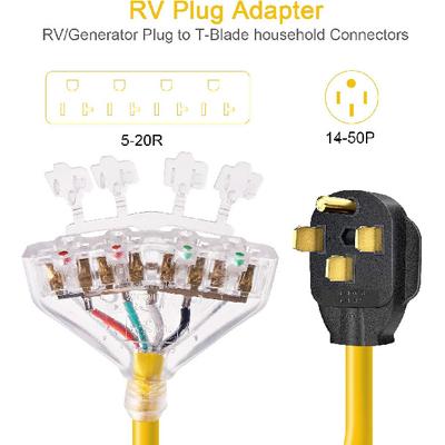 50 Amp To 110 Adapter RV 50 Amp To 20 Amp Adapter Cord, 4 Prong NEMA 14-50P Male To 4X 5-20R Household Outlet Female with Dust Protection Caps, 1.5