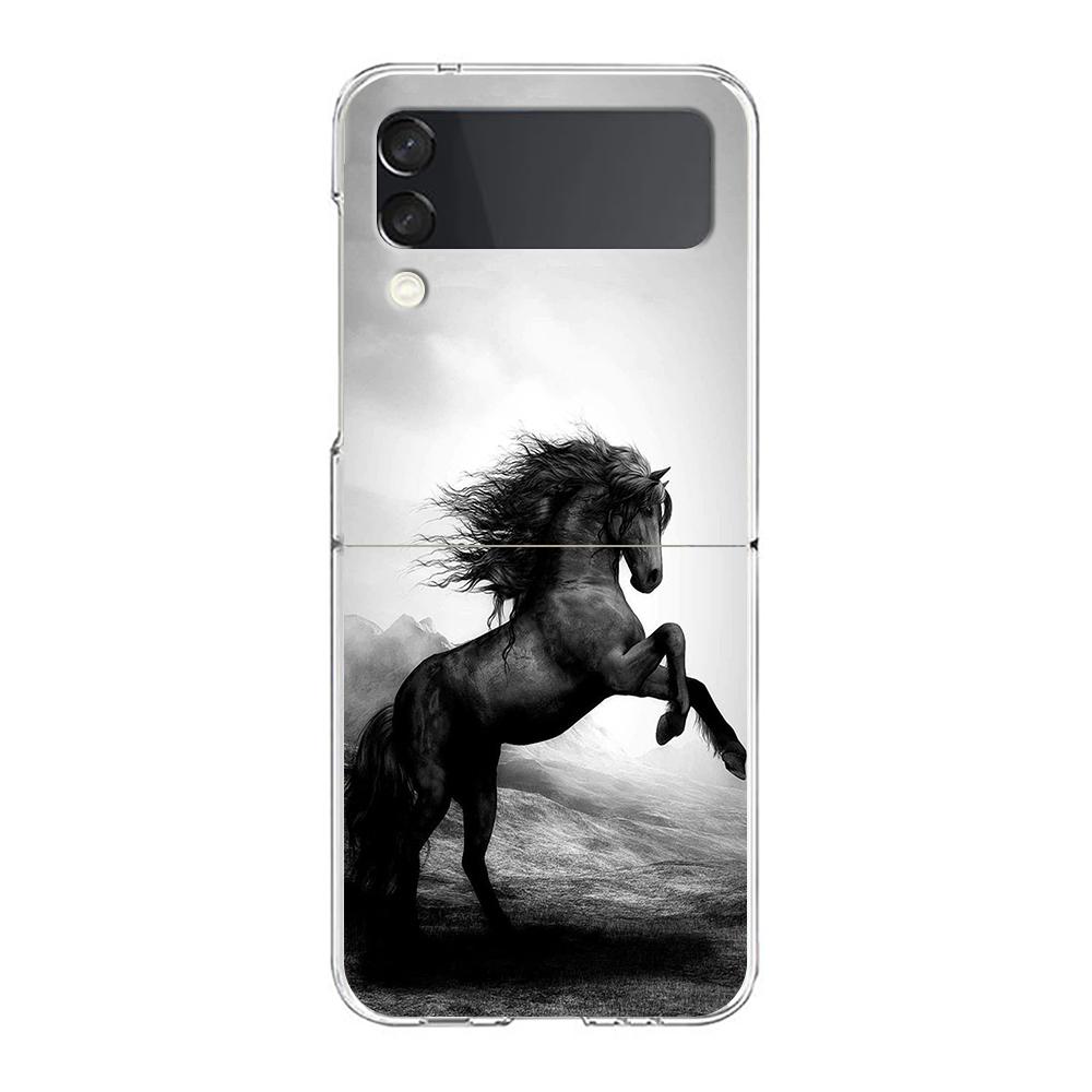 Case For Samsung Galaxy Z Flip 3 4 5 Transparent Fold Hard PC Shell For Galaxy Z Flip 3 5 Cover Galloping Horse Girl Drawing