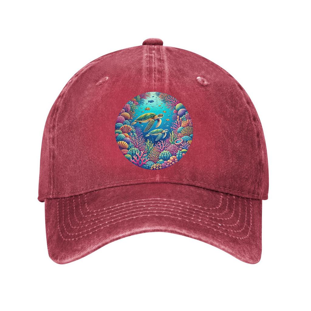 Sea Turtle Coral Reef Print Cotton Baseball Cap Adjustable Curved Brim Casual Sun Protection Hat
