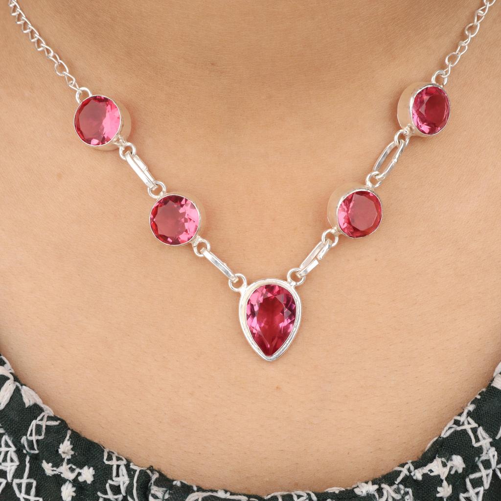 Pink Tourmaline Gemstone Silver Pretty Necklace 16-18" 925 Sterling Silver Handmade Women Jewelry RN-3-2