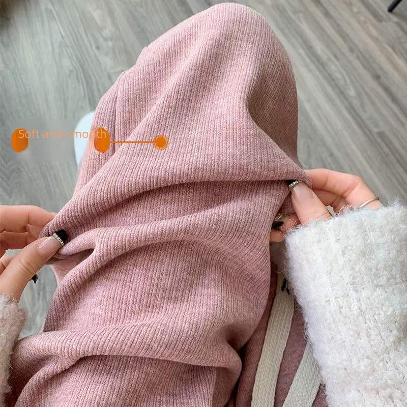 Women's High-Waist Fleece-Lined Wide-Leg Pants - Soft, Knitted, Loose-Fit for Autumn/Winter.