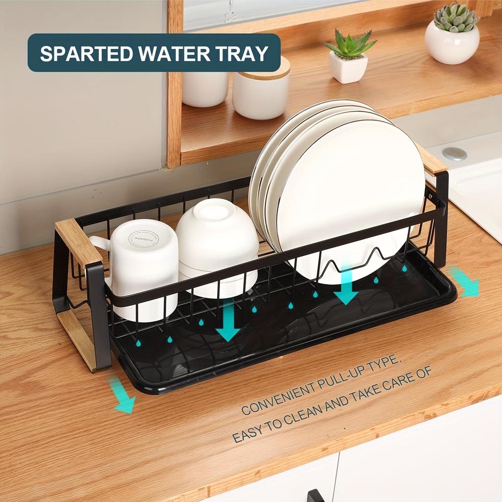 Narrow Kitchen Countertop Dish Rack with Drip Tray & Detachable Cutlery Holder, Dish Drying Drain Rack for Kitchen Sink