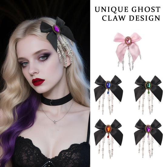 Halloween Skeleton Hand Hair Clips with Bowknot Faux Crystal Hand Bone Hairpin Gothic Skull Claw Hair Accessories for Girls Party Cosplay