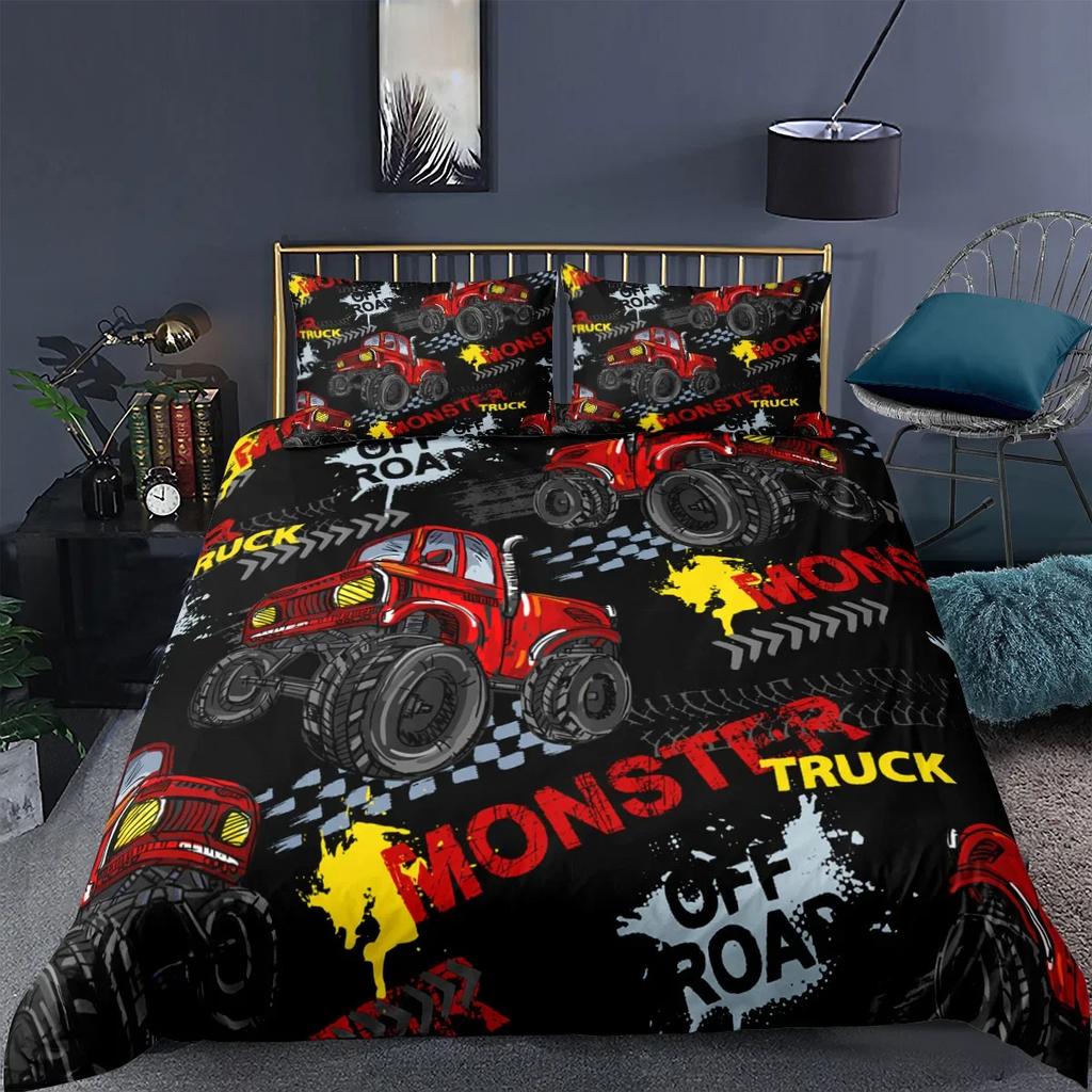 Tractor Kids Duvet Cover, Monster Truck On Farm Pattern Comforter Cover Set King/Queen Size, Country Boys Hobby Car Bedding Set