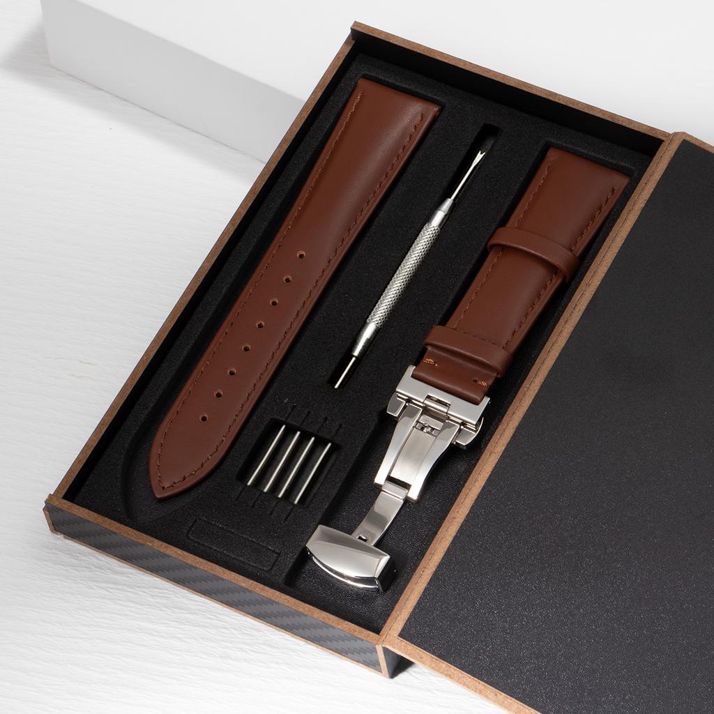 2026 Leder-Uhrenarmband 18mm 20mm 22mm Uhrenarmband Automatisches Schmetterlingsverschluss Herren und Damen Business mit Box Armband