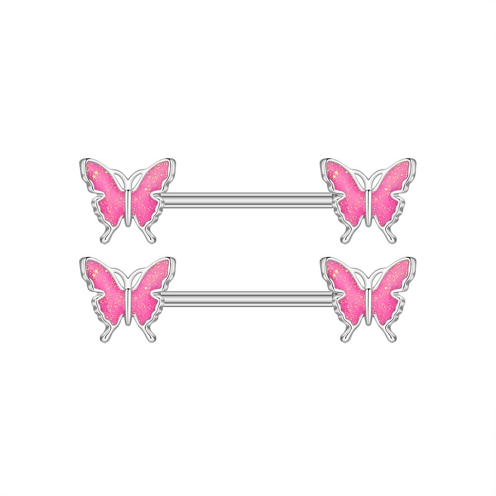 2pcs Butterfly Nipple Piercings Rings 16mm Length Bar Barbell Steel Crystal Nipple Shield Cover Heart Flower Tongue Body Jewelry