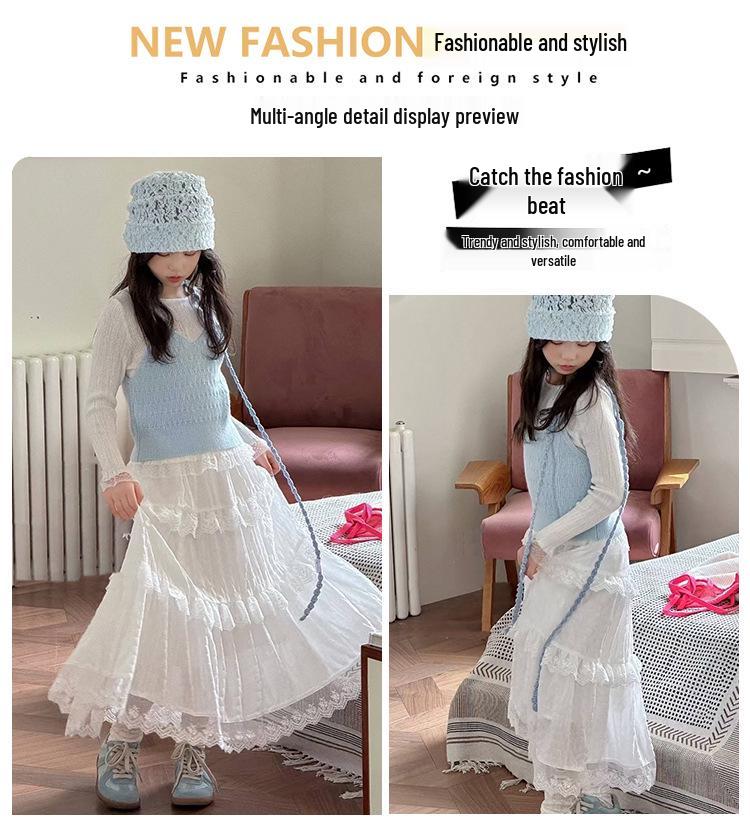 Dívčí módní třídílná sada na podzim 2025: Krajková sukně, svetr a tílko