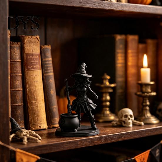 Matte Black Resin Craft Halloween Witch Cauldron Figurine, 3D Printed Spooky Statue with Pot, Fantasy Table Ornament Gothic Small Desktop for Tabletop