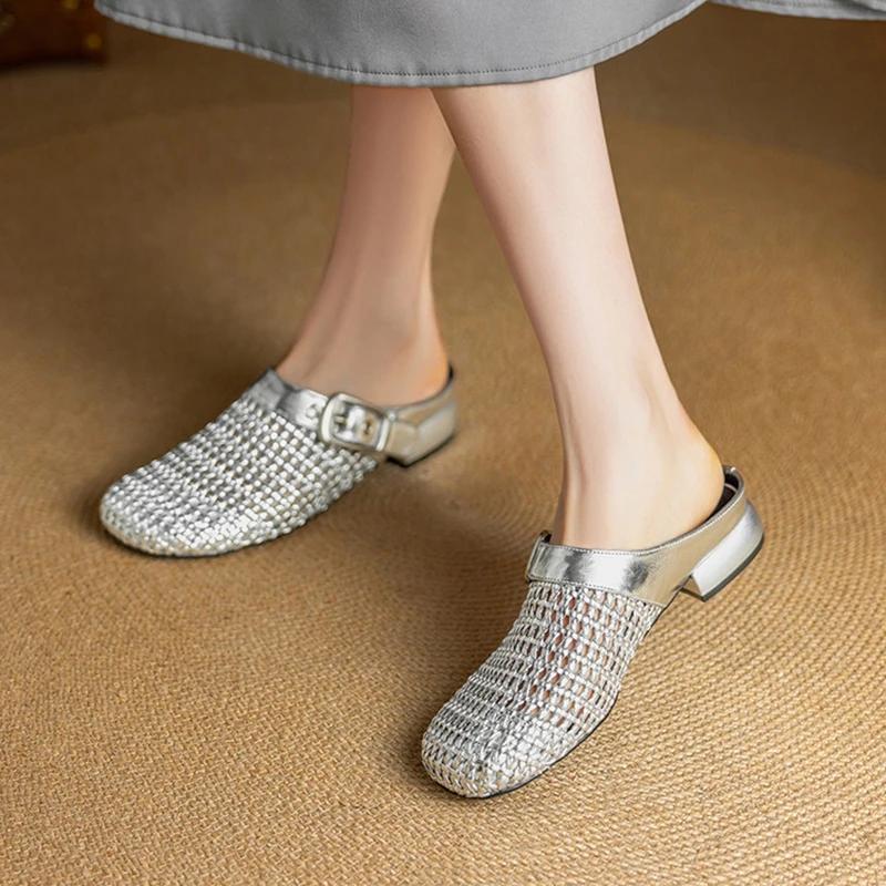 Fashion 2025 New Summer Women Mules Leather Women Shoes Round Toe Chunky Heel Microfiber Weave Sandals Cover Toe Women Slippers