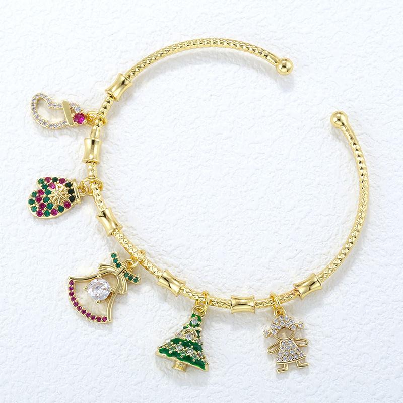 Copper Studded Diamond Santa Bells Snowflake Splicing Bracelet Sweet Christmas Open Bracelet