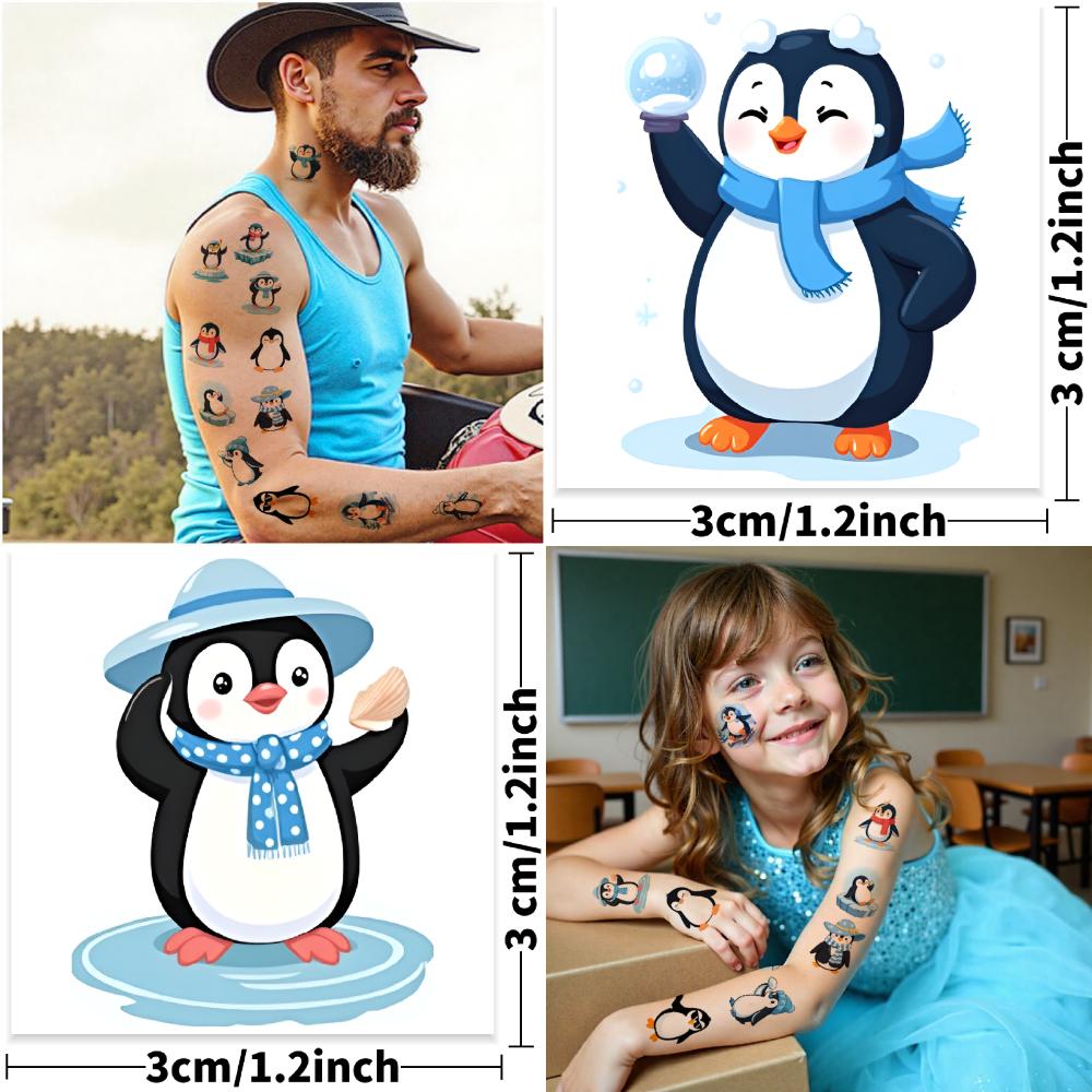 54 Stück Temporäre Tattoos Pinguin-Figuren Wasserdicht Langlebig Körperaufkleber Wintermotive Schneeflocken Cartoon Für Arme