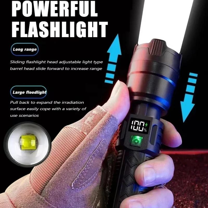 High Power LED Flashlight Tactical Torch USB Rechargeable Power Display Zoom Waterproof Lamp Camping Fishing Emergency Outdoor
