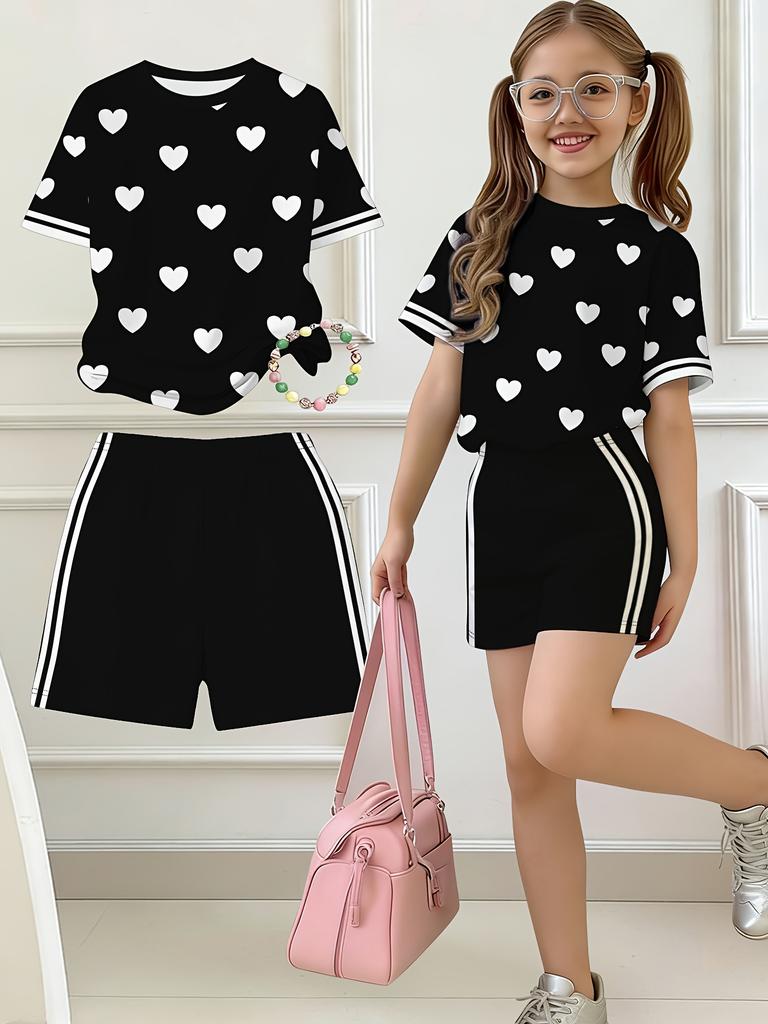 New Children's Set, 2pcs Set, Easy Heart Print Short Sleeve T-Shirt And Shorts Outfit, Suitable for Summer, Y2K Trendy Clothing