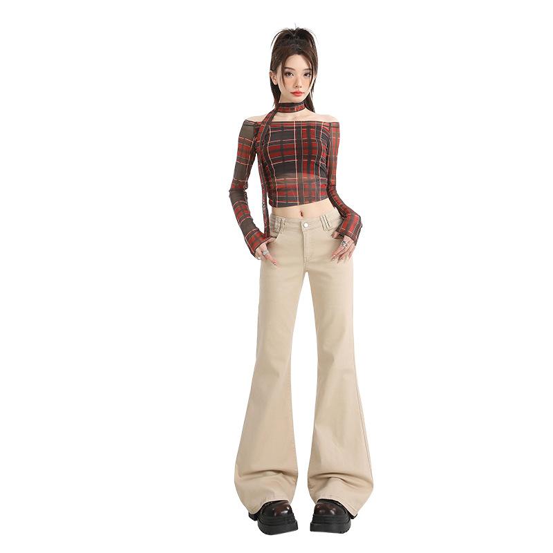 Khaki non-stick leg slightly pulled jeans women's autumn and winter new Spice Girl low-rise slim-fitting and thin flared pants