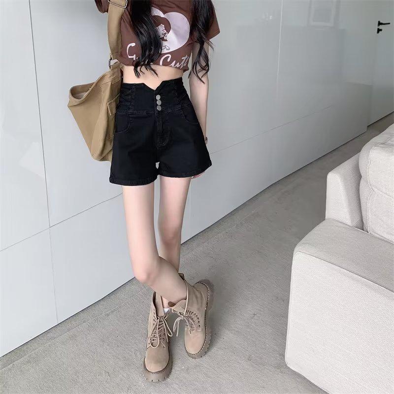 

Женские черные джинсовые шорты А-силуэта с высокой талией 2025 - Сексуальные, стройнящие, свободные, с широкими штанинами, летняя верхняя одежда 4XL