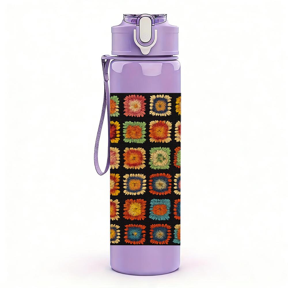 1PC Multicolor Square Mosaic 750ml Color Plastic Sports Water Bottle Leakproof Flip Straw Lid For Sports Office Home Use