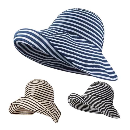 Women Sun Hat Striped Print Wide Brim UV Protection Hat Lightweight Breathable Summer Beach Basin Hat Versatile Accessory