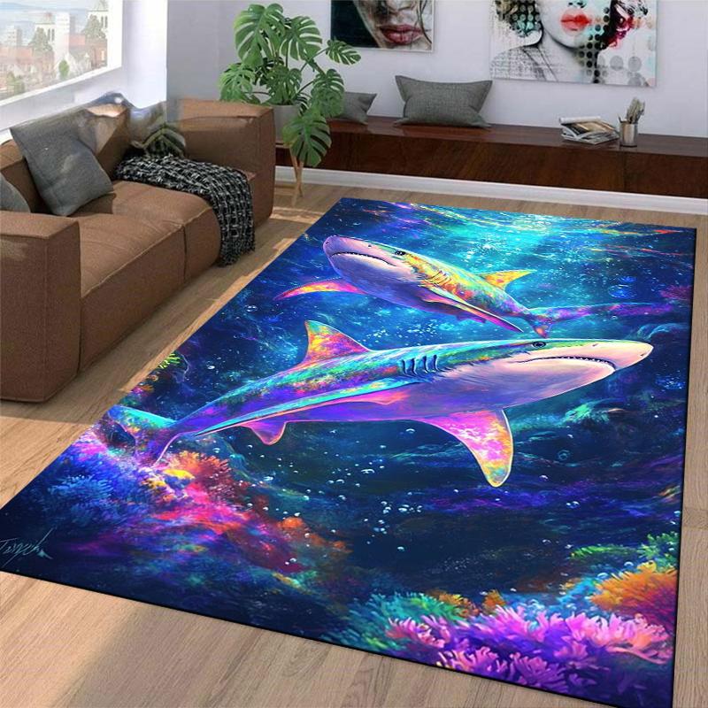 Colorful Sharks Underwater Scene Carpet with Vibrant Coral Design Suitable for use as an anti-slip for living room bedroom sofas
