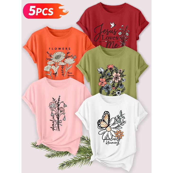 Five-piece set Elegant short-sleeved shirt for women Beach sunset print round-neck women's short-sleeve shirt suitable for spring and summer