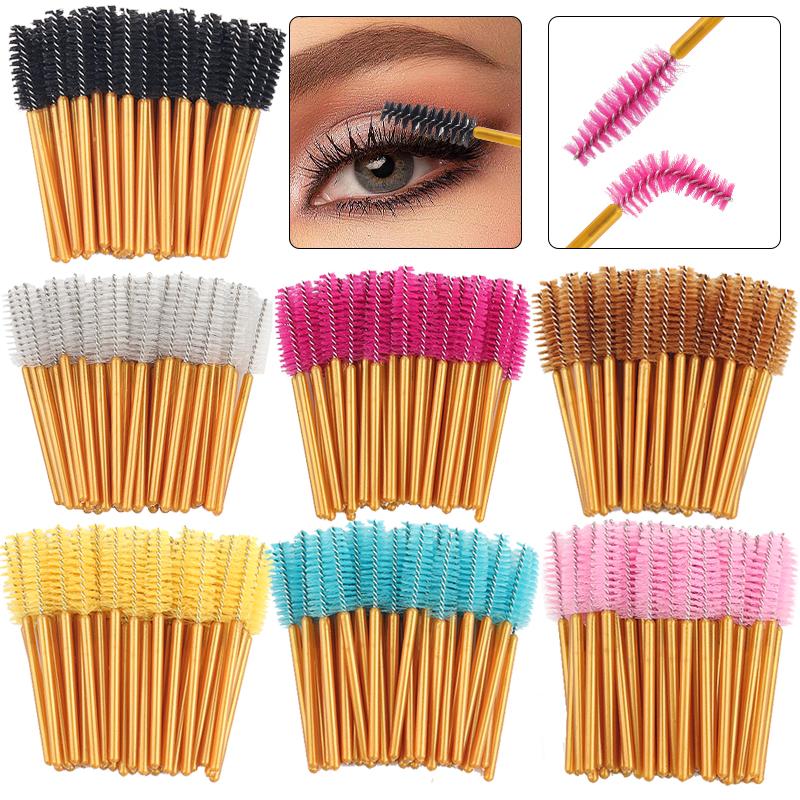 50Pcs Disposable Eyelash Makeup Brush Mascara Wands Gold Mini Eye Lash Brushes Short Eyebrow Comb Eyelashes Extension Tool