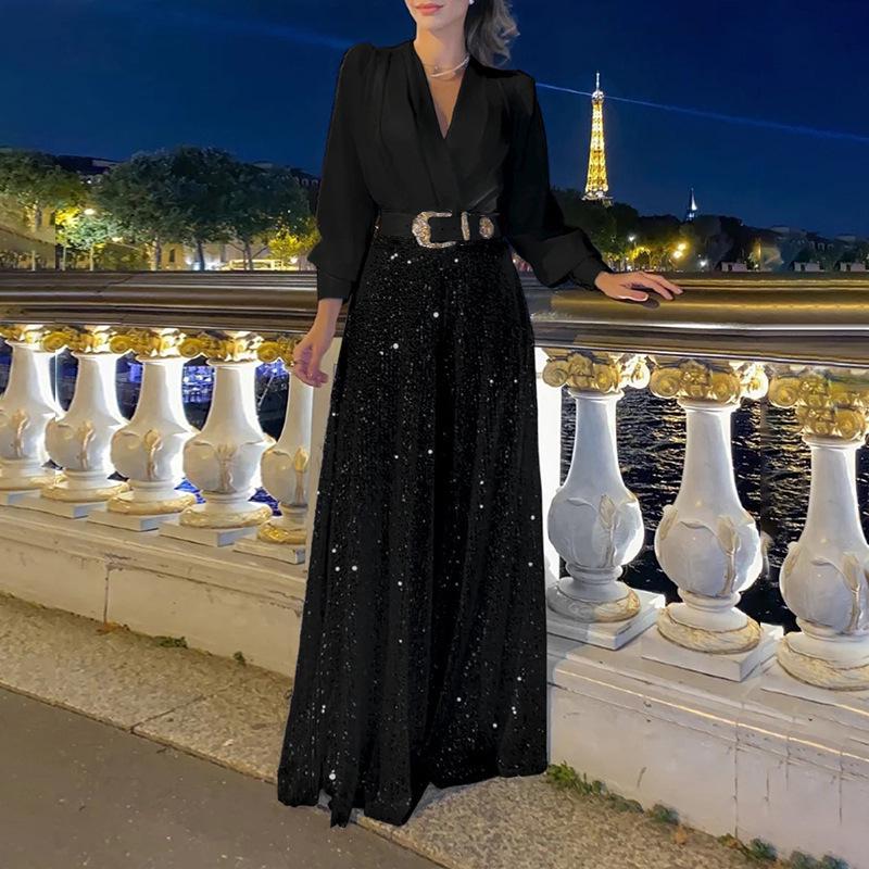 Pailletten-Taillenkleid V-Ausschnitt Langarm Mode Damen Hose Weites Bein Französisch für Frühling Herbst
