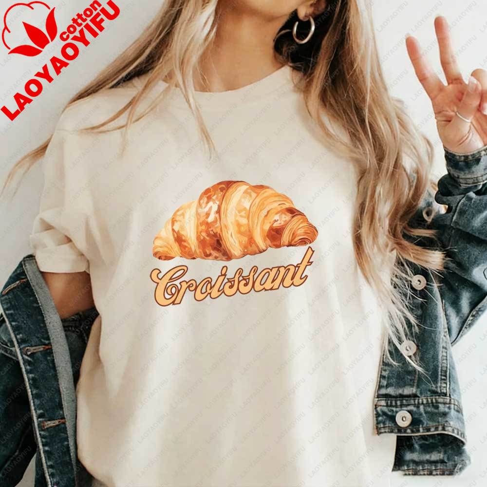 Womens Vintage Croissant TShirt Retro French Pastry Graphic Tee Casual Cotton Tshirt Summer Cute Food Lover Aesthetic Tops